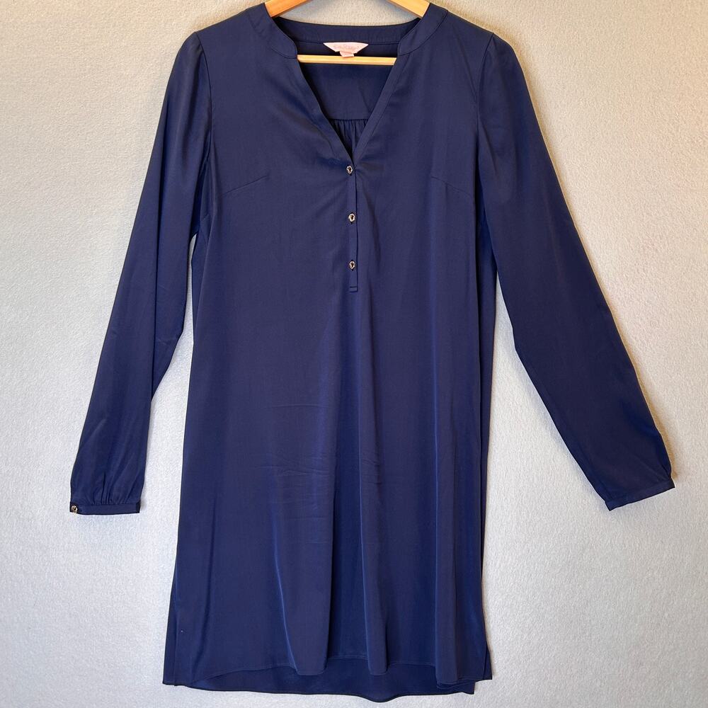 Lilly Pulitzer Delphine Dress Small Navy Stretch Silk Tunic Gold Button Shift